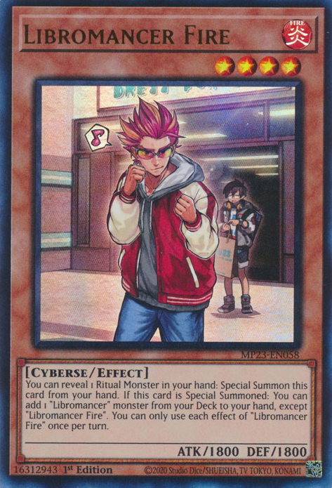 An Ultra Rare "Libromancer Fire" card from the Yugioh Set: 25th Anniversary Tin: Dueling Heroes Mega-Tin Mega Pack. 