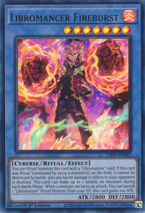 An Ultra Rare "Libromancer Fireburst" card from the Yugioh Set: Dimension Force.