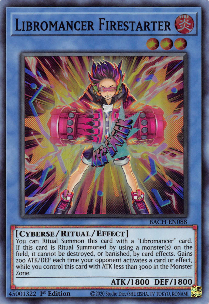  A Super Rare "Libromancer Firestarter" card from the Yugioh Set: Battle of Chaos.