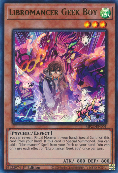 An Ultra Rare "Libromancer Geek Boy" card from the Yugioh 25th Anniversary Tin: Dueling Heroes set.