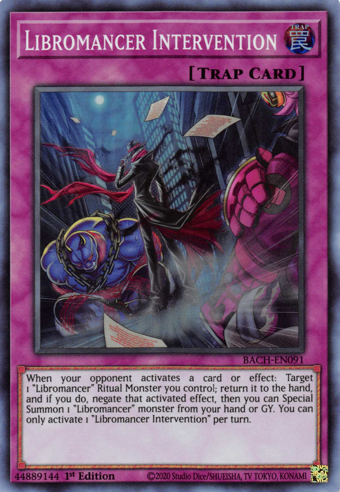  A Super Rare "Libromancer Intervention" card from the Yugioh Set: Battle of Chaos.