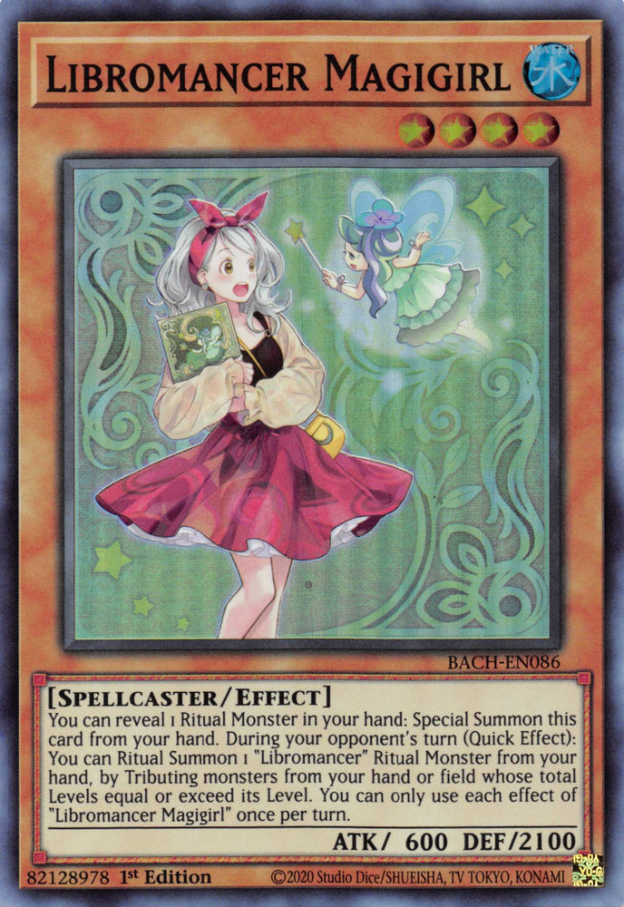  A Super Rare "Libromancer Magigirl" card from the Yugioh Set: Battle of Chaos.