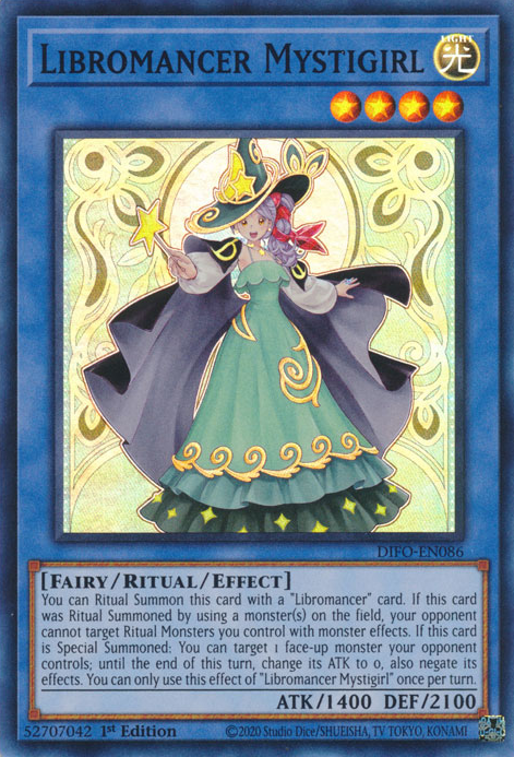  A Super Rare "Libromancer Mystigirl" card from the Yugioh Set: Dimension Force.