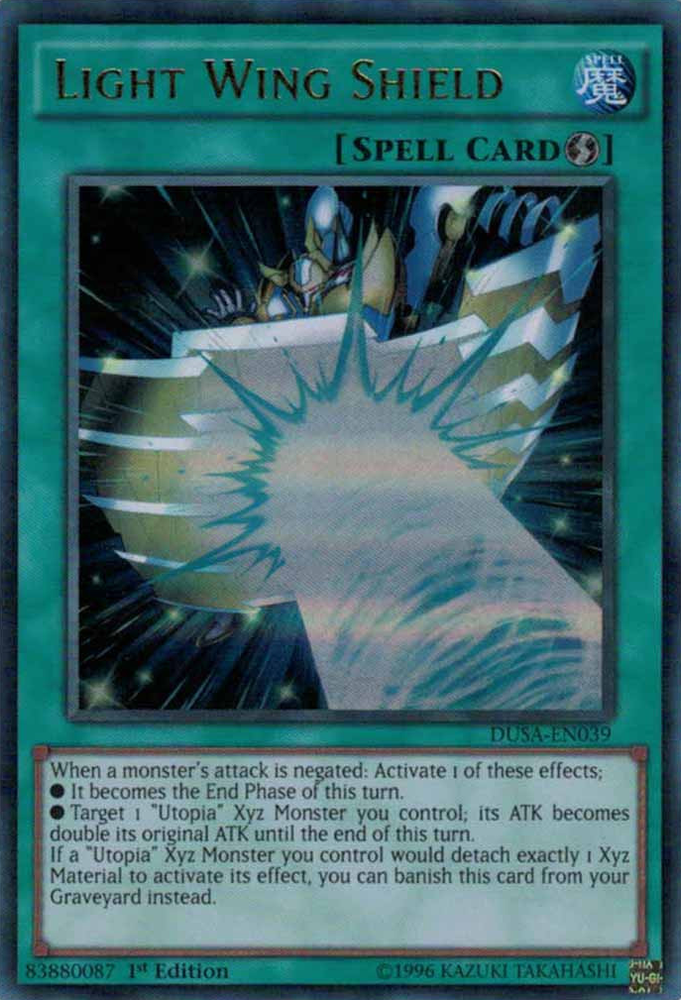  An Ultra Rare "Light Wing Shield" card from the Yugioh Set: Duelist Saga.