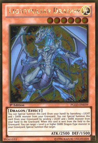 A Gold Rare "Lightpulsar Dragon" card from the Yugioh Set: Premium Gold.