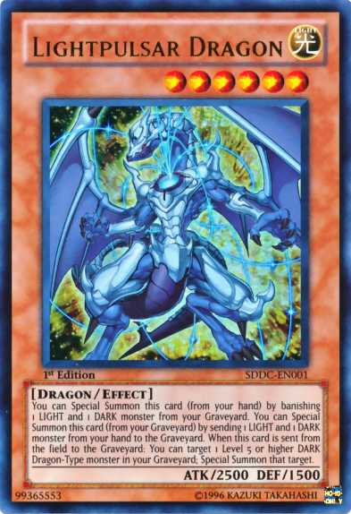 An Ultra Rare "Lightpulsar Dragon" card from the Yugioh Structure Deck: Dragons Collide.