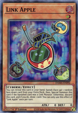 A Super Rare "Link Apple" card from the Yugioh Set: Dawn of Majesty (DAMA).