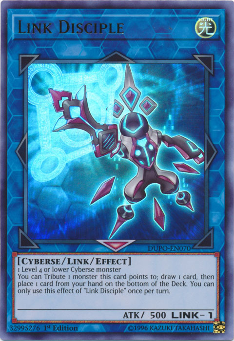 An Ultra Rare "Link Disciple" card from the Yugioh Set: Duel Power.