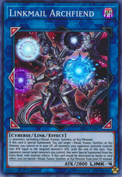 A Super Rare "Linkmail Archfiend" card from the Yugioh Set: Rising Rampage (RIRA).