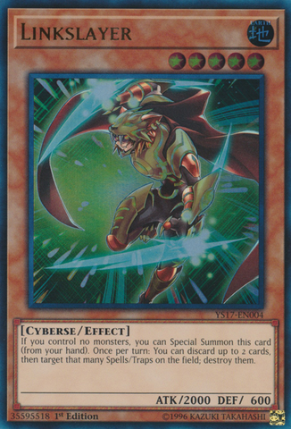 An Ultra Rare "Linkslayer" card from the Yugioh Starter Deck: Link Strike set.