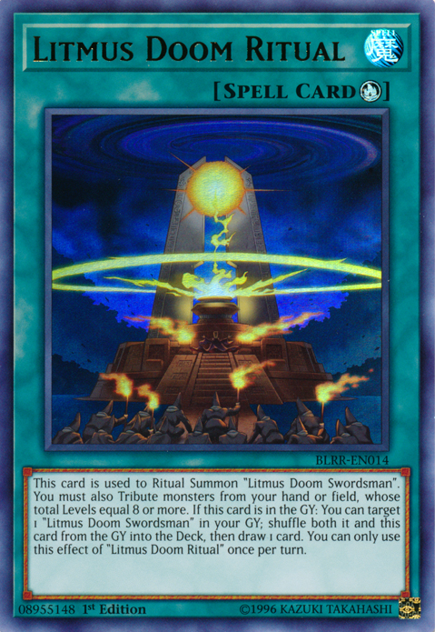 An Ulra Rare "Litmus Doom Ritual" card from the Yugioh Set: Battles of Legend: Relentless Revenge (BLRR).