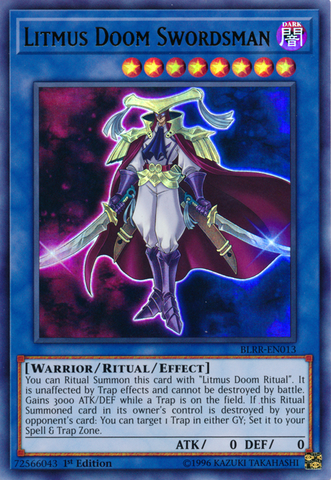 An Ultra Rare "Litmus Doom Swordsman" card from the Yugioh Set: Battles of Legend: Relentless Revenge (BLRR). 