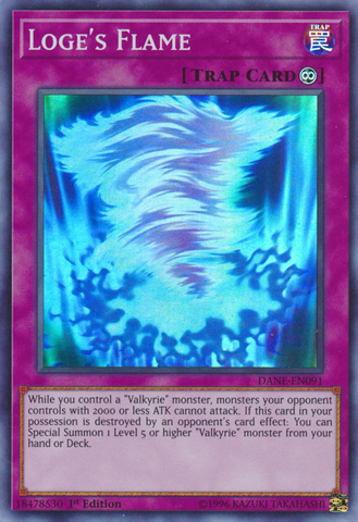 A Super Rare "Loge's Flame" card from the Yugioh Set: Dark Neostorm.