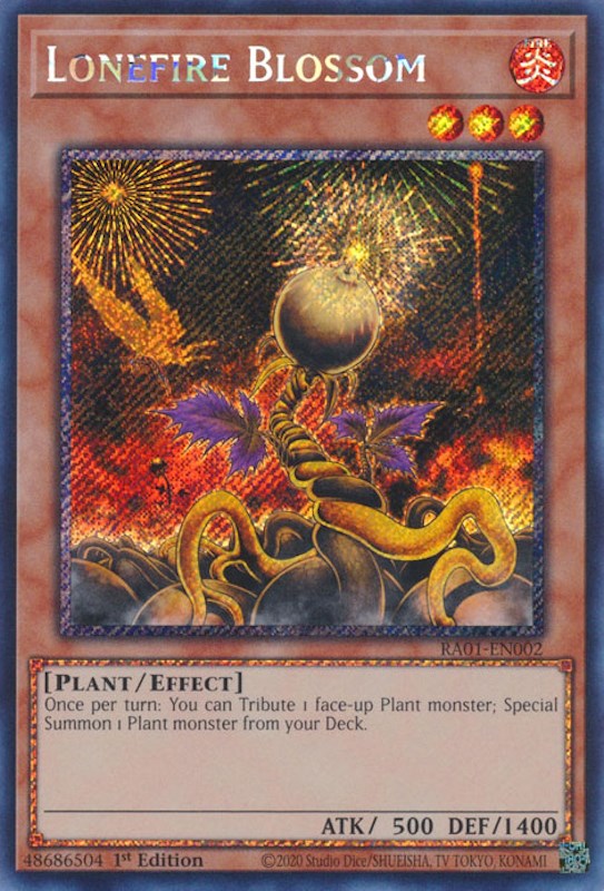 A Platinum Secret Rare "Lonefire Blossom" card from the Yugioh Set: Rarity Collection 1 (RA01).
