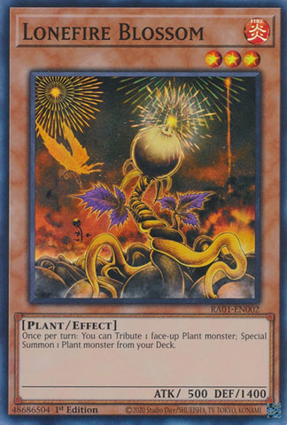 A Super Rare "Lonefire Blossom" card from the Yugioh Set: Rarity Collection 1 (RA01).