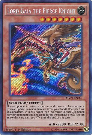 A Secret Rare "Lord Gaia the Fierce Knight" card from the Yugioh Set: The Dark Side of Dimensions: Movie Pack Secret Edition (MVP1).