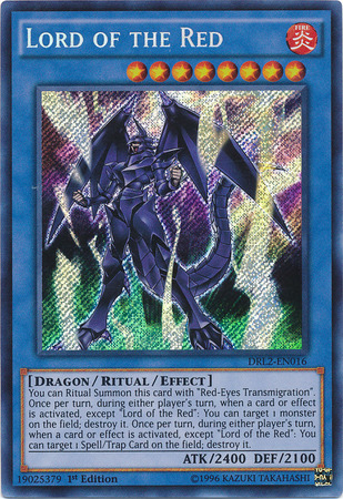 A Secret Rare "Lord of the Red" card from the Yugioh Set: Dragons of Legend 2 (DRL2).