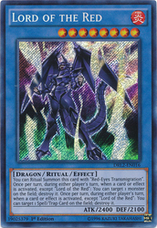 A Secret Rare "Lord of the Red" card from the Yugioh Set: Dragons of Legend 2 (DRL2).