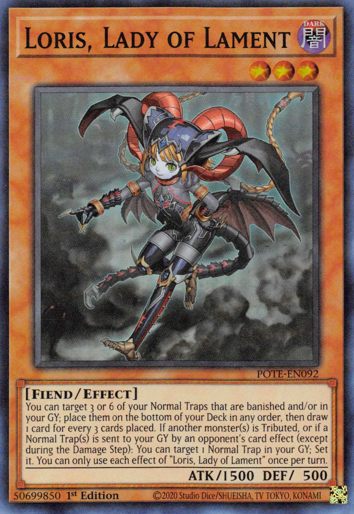 A Super Rare "Loris, Lady of Lament" card from the Yugioh Set: Power of the Elements (POTE).