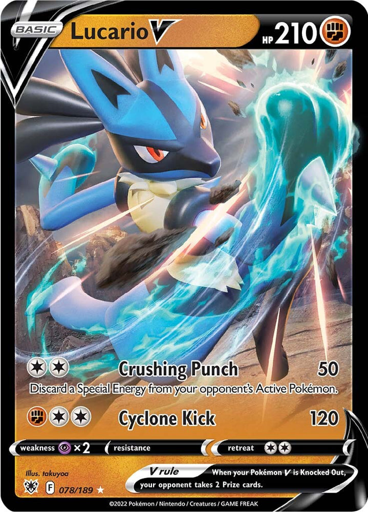 An Ultra Rare "Lucario V" (078/189) card from the Pokemon Set: Astral Radiance.