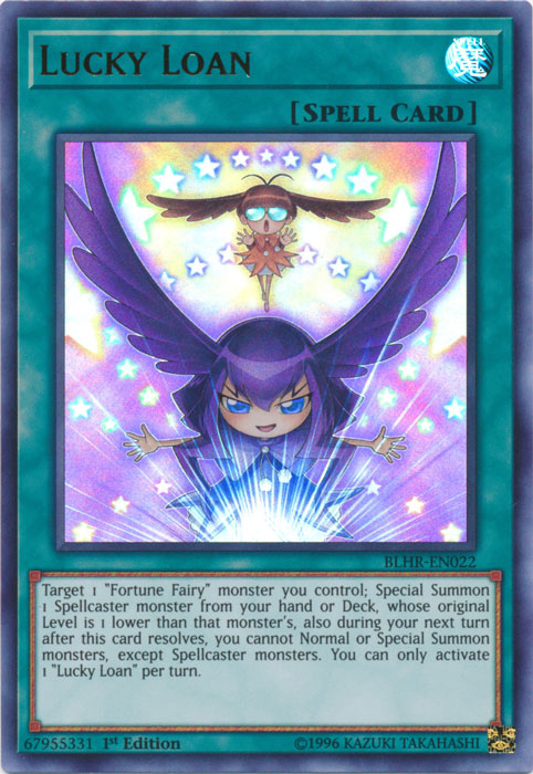 An Ultra Rare "Lucky Loan" card from the Yugioh Set: Battles of Legend: Hero's Revenge (BLHR).