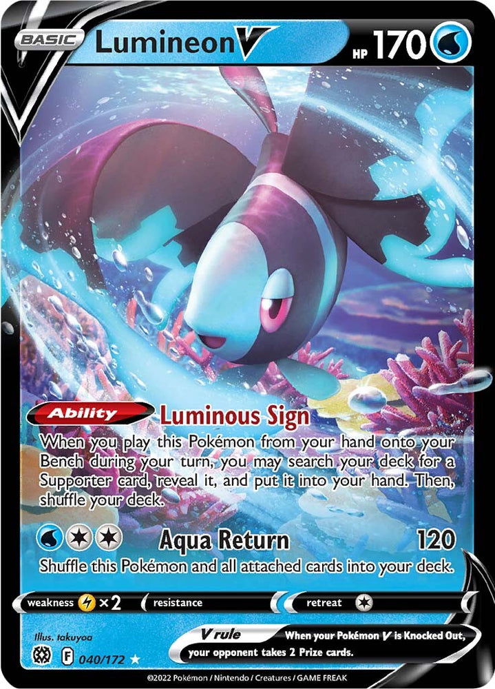 An Ultra Rare "Lumineon V" (040/172) card from the Pokemon Set: Brilliant Stars.