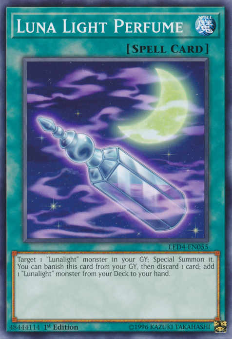 A Common "Luna Light Perfume" card from the Yugioh Set: Legendary Duelists: Sisters of the Rose (LED4).