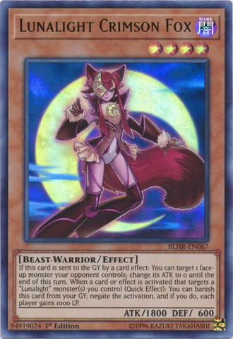 An Ultra Rare "Lunalight Crimson Fox" card from the Yugioh Set: Battles of Legend: Hero's Revenge (BLHR).