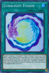 A Super Rare "Lunalight Fusion" card from the Yugioh Set: Legendary Duelist: Sisters of the Rose.