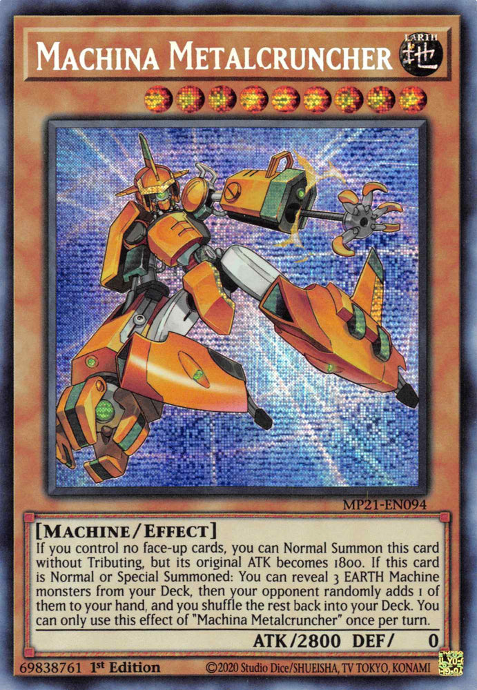 A Prismatic Secret Rare "Machina Metalcruncher" card from the Yugioh 2021 Tin of Ancient Battles.