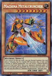 A Prismatic Secret Rare "Machina Metalcruncher" card from the Yugioh 2021 Tin of Ancient Battles.