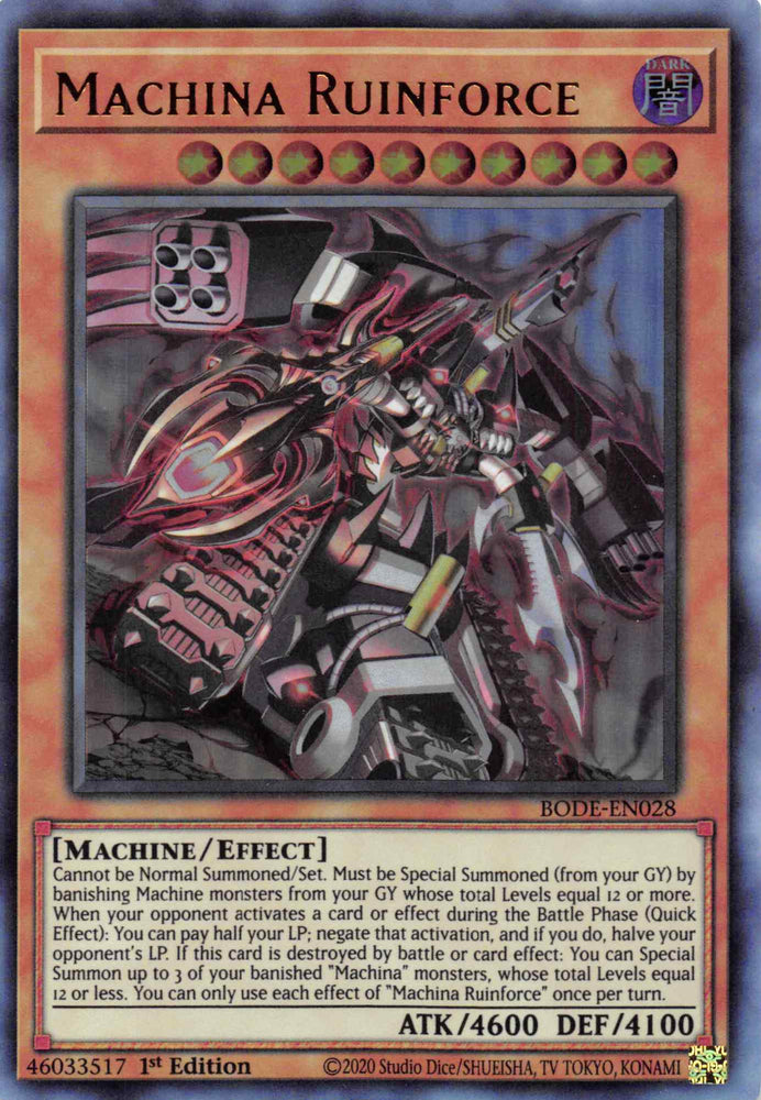  An Ultra Rare "Machina Ruinforce" card from the Yugioh Set: Burst of Destiny.