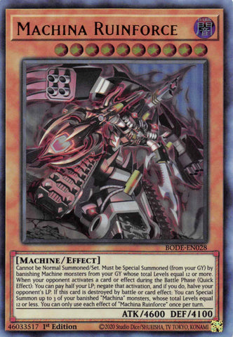  An Ultra Rare "Machina Ruinforce" card from the Yugioh Set: Burst of Destiny.