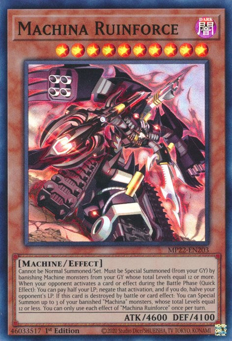 A Super Rare "Machina Ruinforce" card from the Yugioh 2022 Tin of the Pharaoh's Gods Set (MP22).