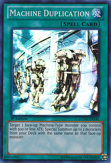 A Super Rare "Machine Duplication" card from the Yugioh Set: Legendary Collection 3: Yugi's World (LCYW).
