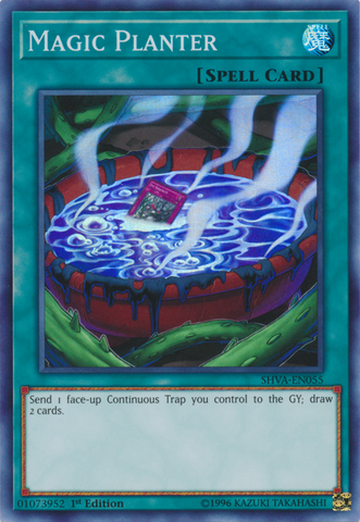 A Super Rare "Magic Planter" card from the Yugioh Set: Shadows in Valhalla (SHVA).