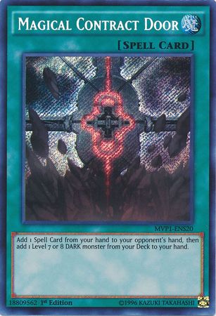 A Secret Rare "Magical Contract Door" card from the Yugioh Set: Mystic Fighters.