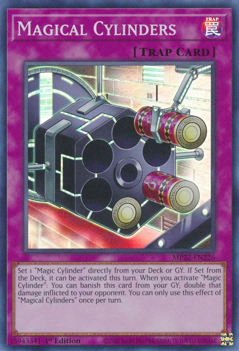 A Super Rare "Magical Cylinders" card from the Yugioh 2022 Tin of the Pharaoh's Gods Set.