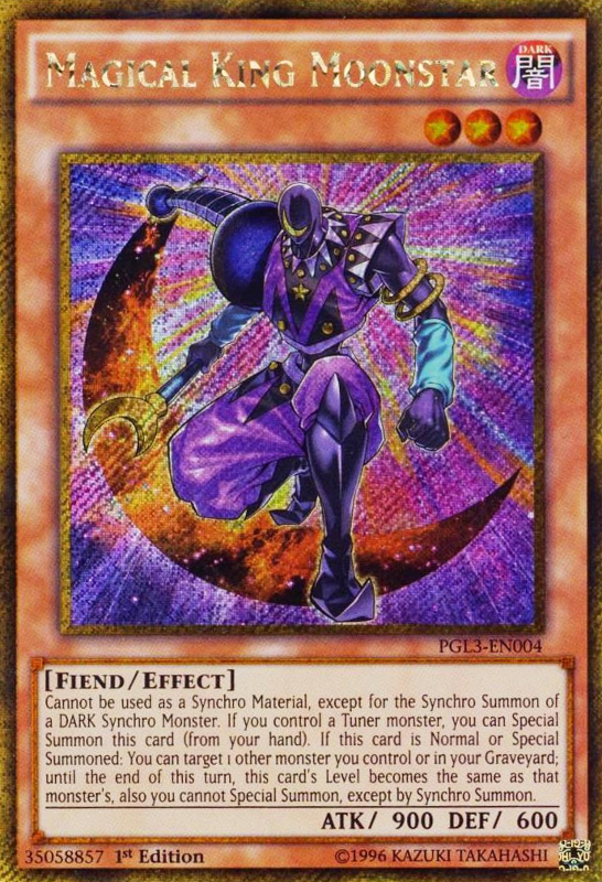 A Gold Secret Rare "Magical King Moonstar" card from the Yugioh Set: Premium Gold: Infinite Gold.