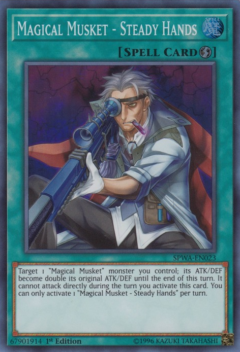 A Super Rare "Magical Musket - Steady Hands" card from the Yugioh Set: Spirit Warriors (SPWA).
