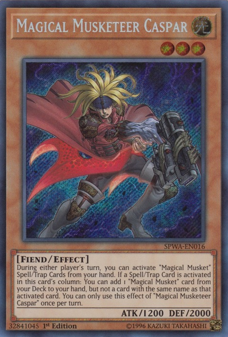 A Secret Rare "Magical Musketeer Caspar" card from the Yugioh Set: Spirit Warriors.