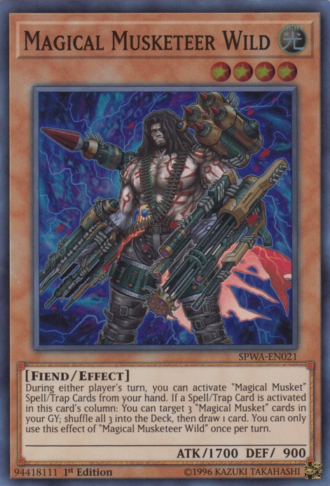 A Super Rare "Magical Musketeer Wild" card from the Yugioh Set: Spirit Warriors (SPWA).