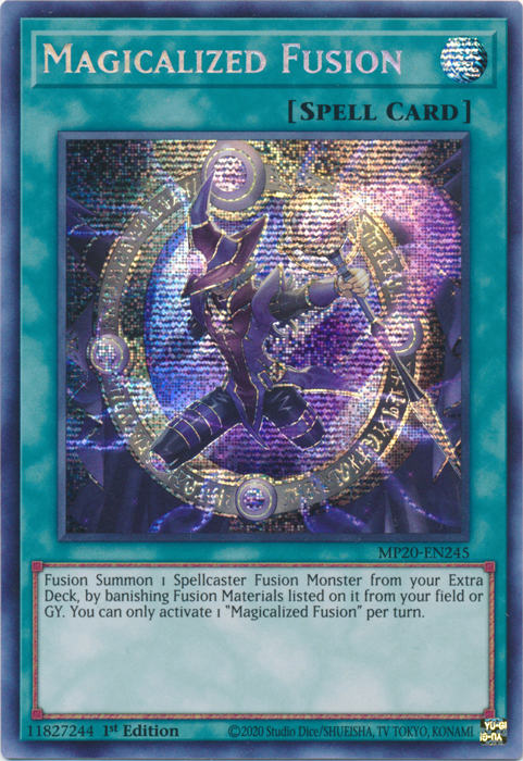 A Prismatic Secret Rare "Magicalized Fusion" card from the Yugioh 2020 Mega-Tin Mega Packs.