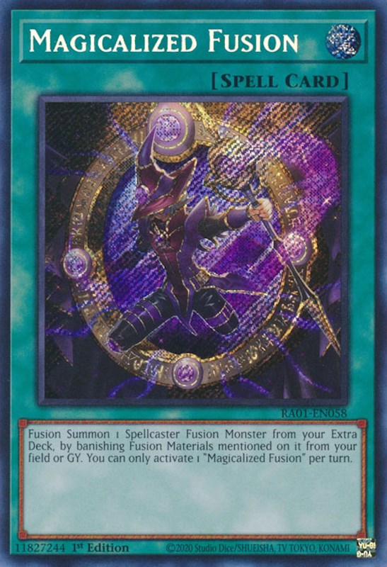 A Secret Rare "Magicalized Fusion" card from the Yugioh Set: Rarity Collection 1 (RA01).