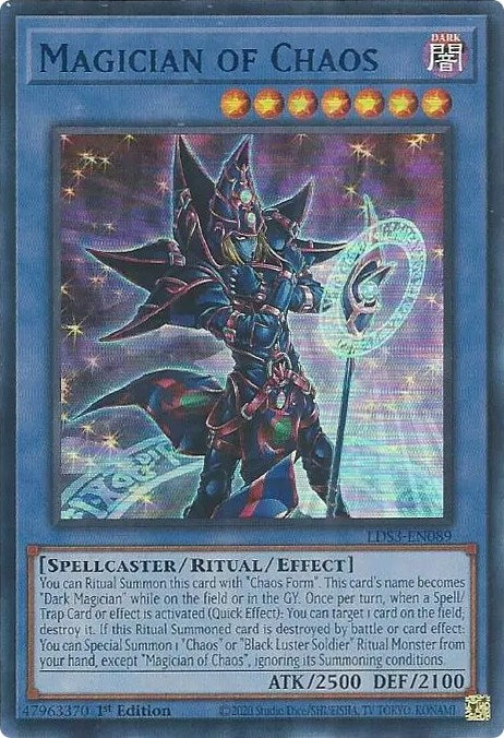 An Ultra Rare Blue "Magician of Chaos" card from the Yugioh Set: Legendary Duelists: Season 3 (LDS3).