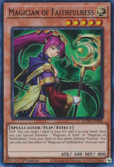 A Super Rare "Magician of Faithfulness" card from the Yugioh Set: Duelist Nexus. 