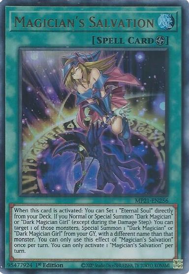 An Ultra Rare "Magician's Salvation" card from the Yugioh 2021 Tin of Ancient Batttles Set.