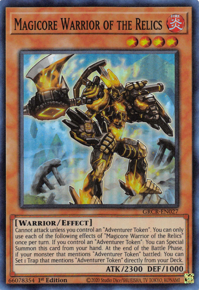  A Super Rare "Magicore Warrior of the Relics" card from the Yugioh Set: The Grand Creators (GRCR).