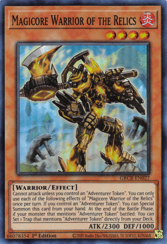  A Super Rare "Magicore Warrior of the Relics" card from the Yugioh Set: The Grand Creators (GRCR).