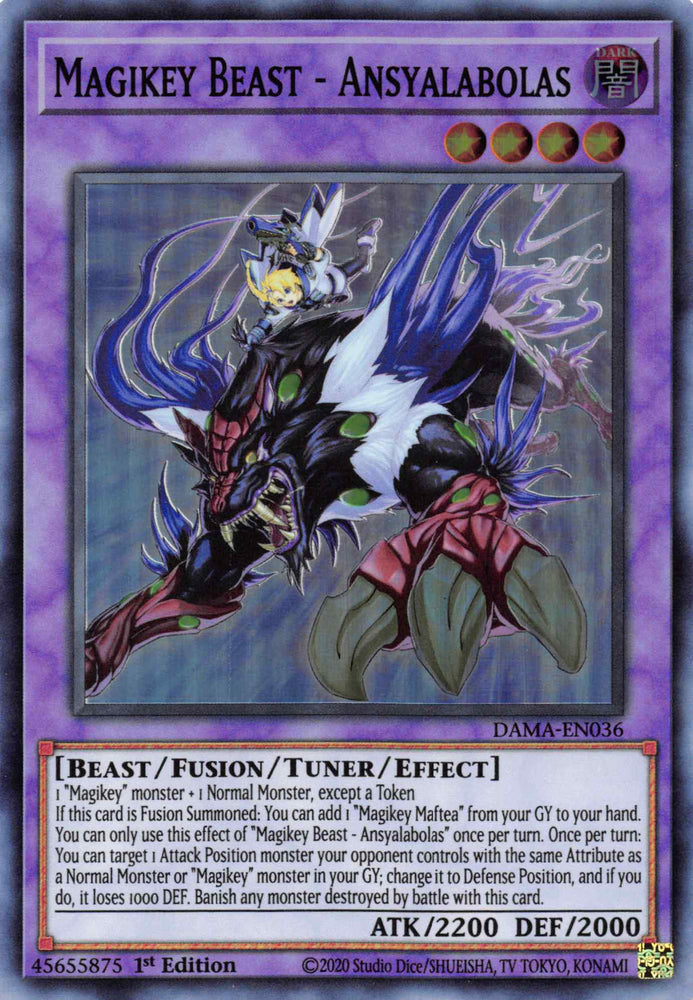 A Super Rare "Magikey Beast - Ansyalabolas" card from the Yugioh Set: Dawn of Majesty (DAMA).